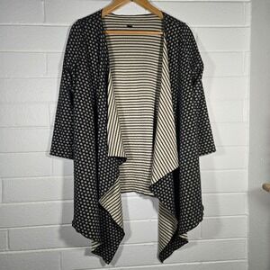 Cardigan Large Black White Geometric Striped Drape Front Sweater Waterfall Open
